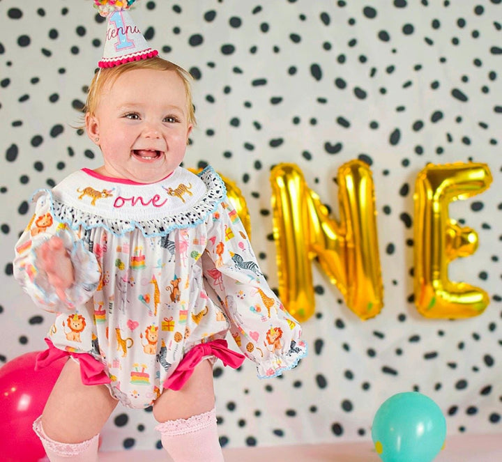zoo party circus animal first birthday outfit, pink first birthday smocked bubble romper outfit hot pink animal print bow ruffle first birthday girl romper pink and white outfit, colorful rainbow pink turquoise white smocked bubble romper first birthday winter bows ruffle bows embroidered smocked long sleeve 1st birthday outfit romper baby girls, the mod mango baby boutique co
