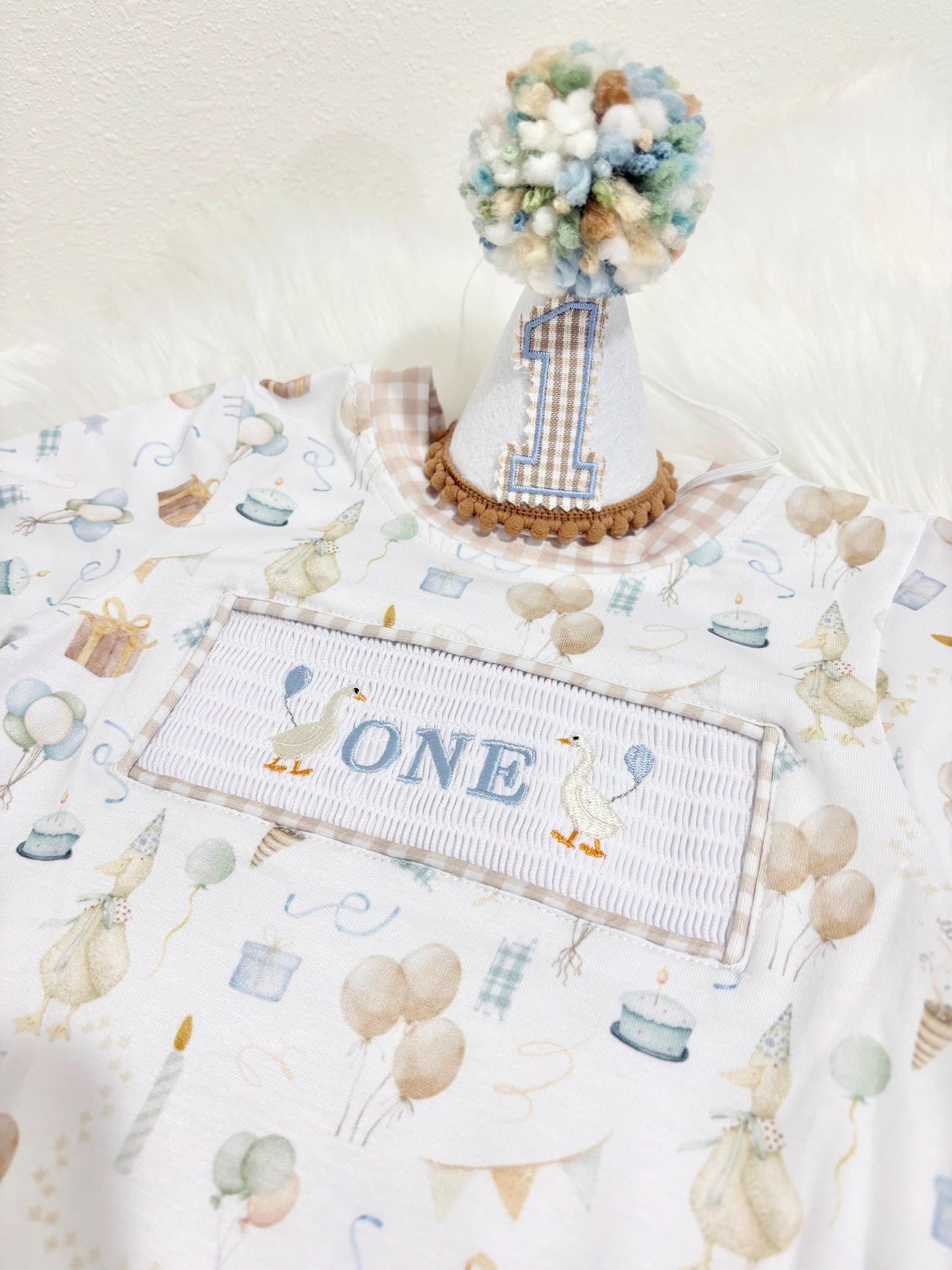 One Silly Goose 1st Birthday Smocked Romper: Baby Boy Outfit