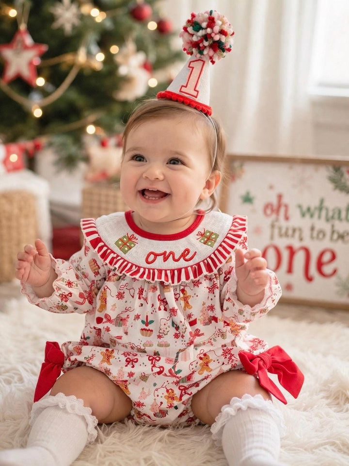 Oh What Fun First Birthday Smocked Bubble Romper: Girls Red and Pink Christmas Outfit
