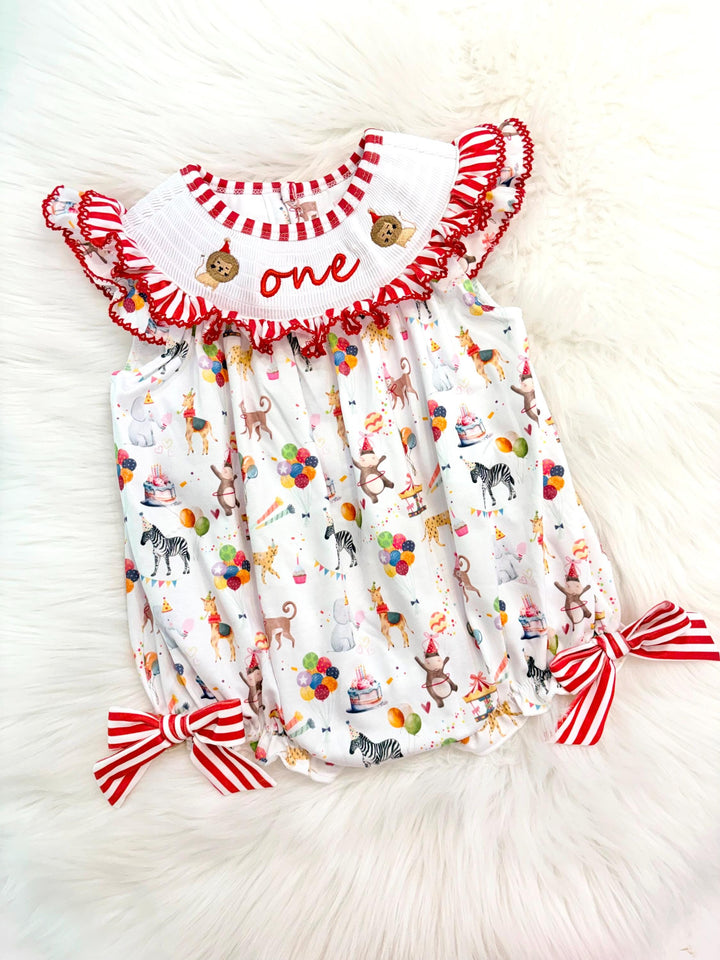 carnival circus party animal cake smash outfit first birthday girl romper 1st birthday red and white striped stripes colorful smash cake outfit bubble romper flutter sleeves, ONE smocked romper first birthday, animals lion embroidered smocked spring summer 1st birthday girl outfit romper baby girls cake smash outfit, the mod mango baby boutique co