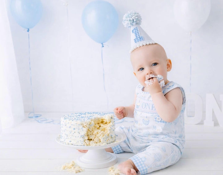 Blue Gingham ONE Boys First Birthday Smocked Romper Outfit