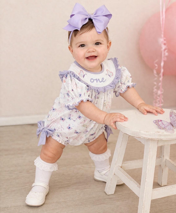 One Year Fluttered By Butterfly First Birthday Romper: Girls Smocked Lavender Outfit