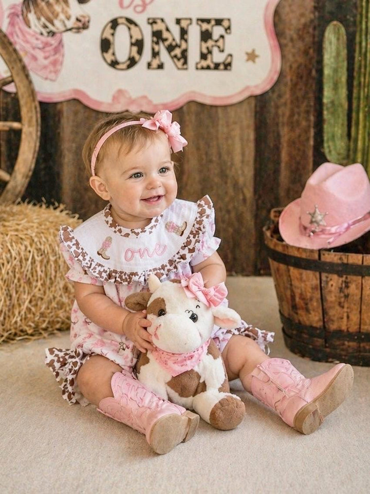 my first rodeo cowgirl girls first birthday bubble romper outfit pink bows brown cow print first birthday holy cow i'm one girl romper pink and white outfit, cowgirl boots pink smocked dress first birthday embroidered cow smocked short sleeve 1st birthday outfit ruffle dress baby girls, the mod mango