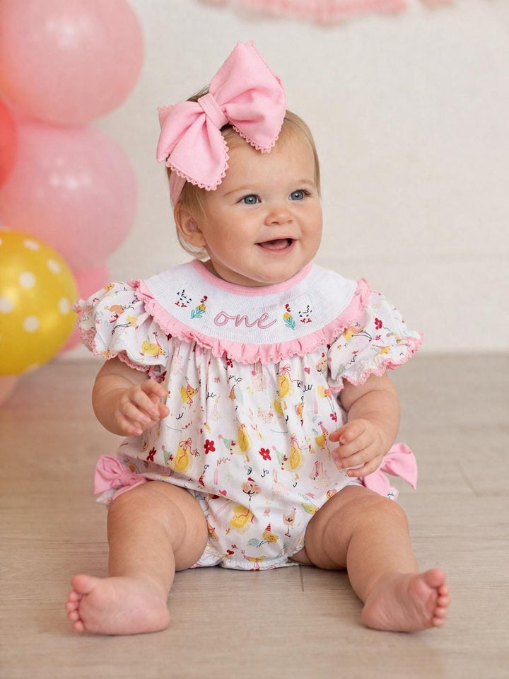 One Cute Chick 1st Birthday Smocked Romper: Pink Ruffles and Bows