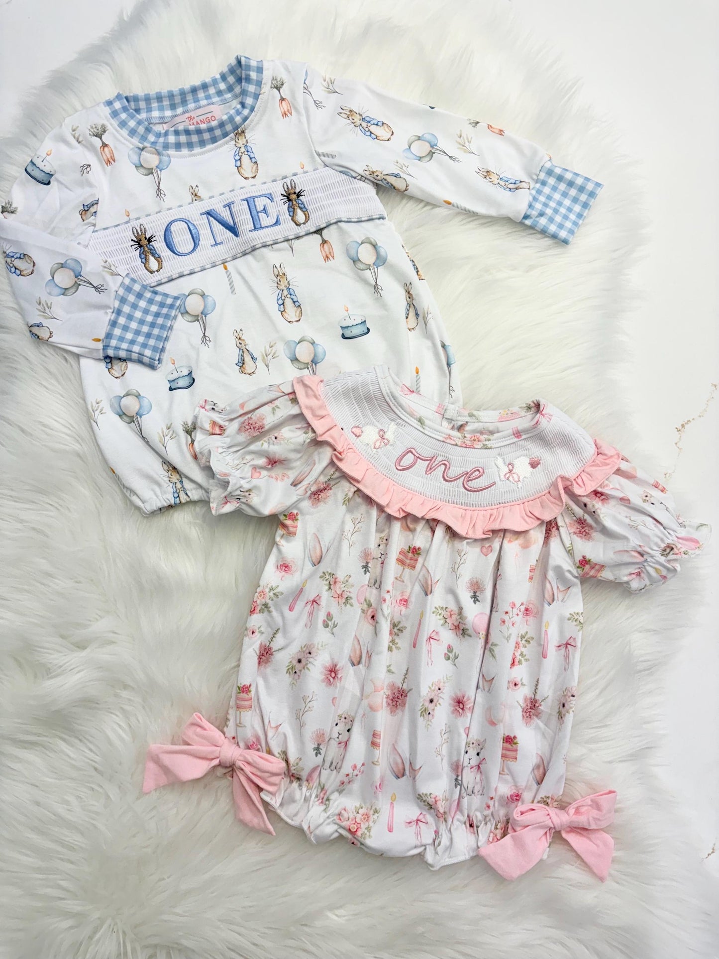 Bunny First Birthday Smocked Romper Dress: Pink Bow Outfit