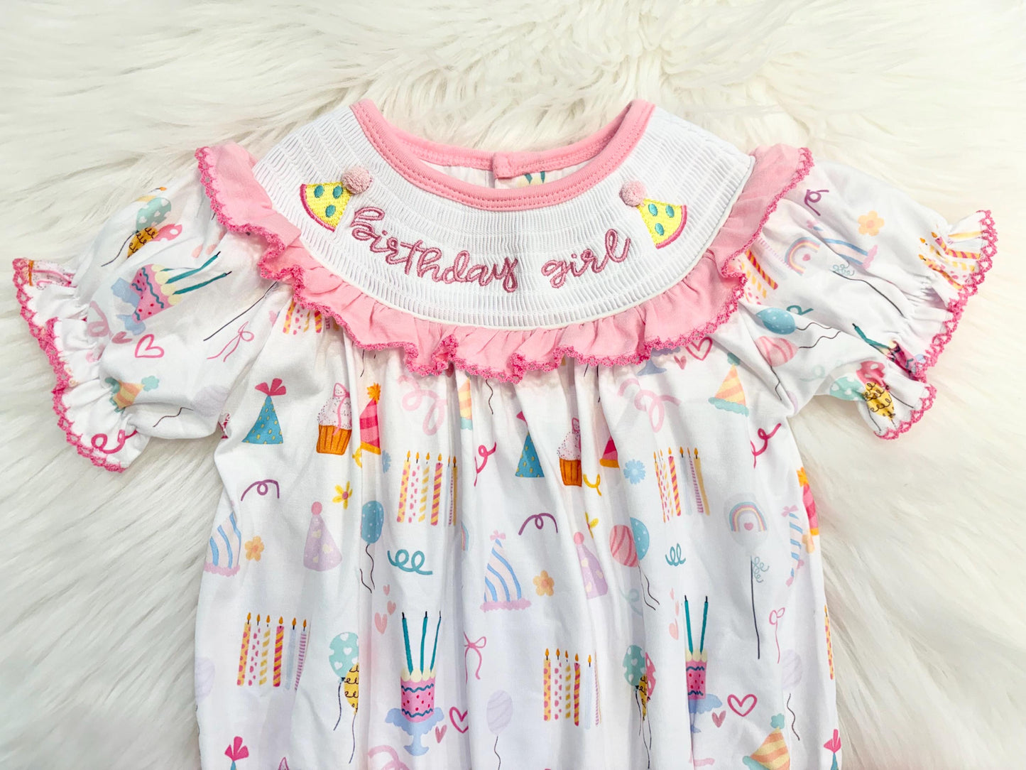 birthday girl party hat outfit one is fun first birthday outfit, pink first birthday smocked bubble romper outfit its fun to be one pink bow ruffle first birthday girl romper pink and white outfit, colorful rainbow pink white smocked bubble romper first birthday winter bows ruffle bows embroidered smocked long sleeve 1st birthday outfit romper baby girls, the mod mango baby boutique co