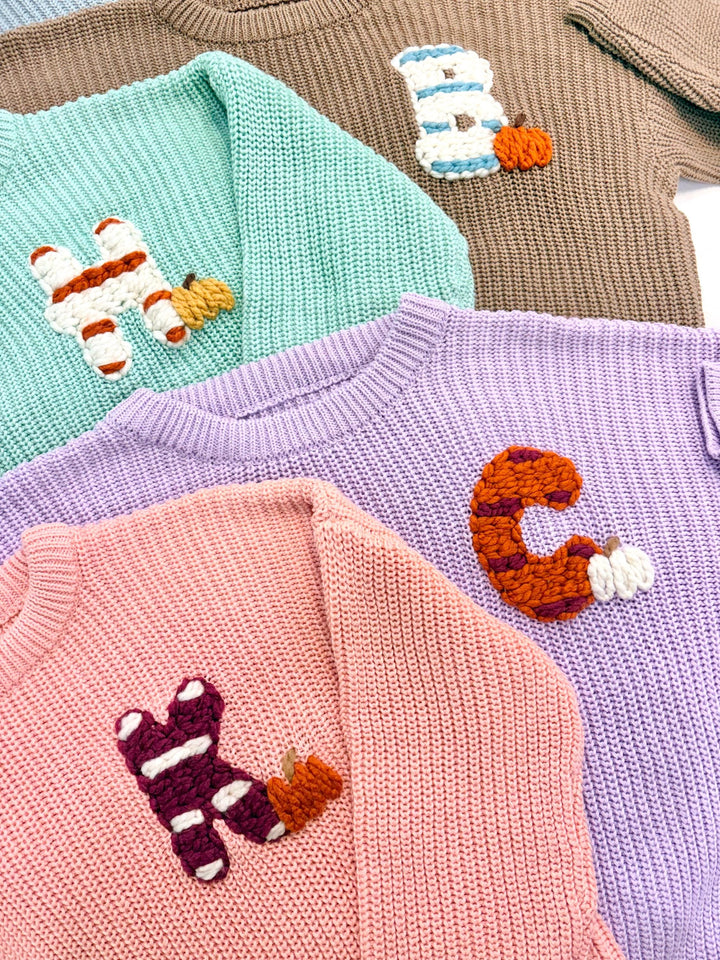 Personalized Monogram Baby and Toddler Fall Pumpkin Sweater, Striped Initial Pumpkin Patch Outfit Toddler Boy Girl Baby Name Pumpkin Sweater, Custom Sweater for Fall Thanksgiving, brown and orange baby sweater with name, chunky knit baby sweater personalized, first thanksgiving, the mod mango
