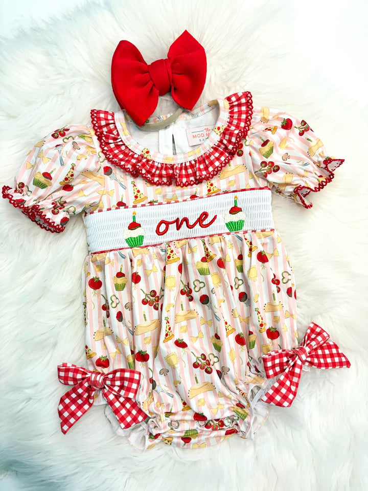 holy cannoli first birthday outfit bubble romper red and pink stripes and bows first birthday girl romper pink red green and white gingham outfit, one little meatball italian girls pasta pizza spaghetti noodles red white smocked bubble romper first birthday bows ruffle embroidered smocked meat ball cupcake cannoli italian 1st birthday outfit romper baby girl, the mod mango