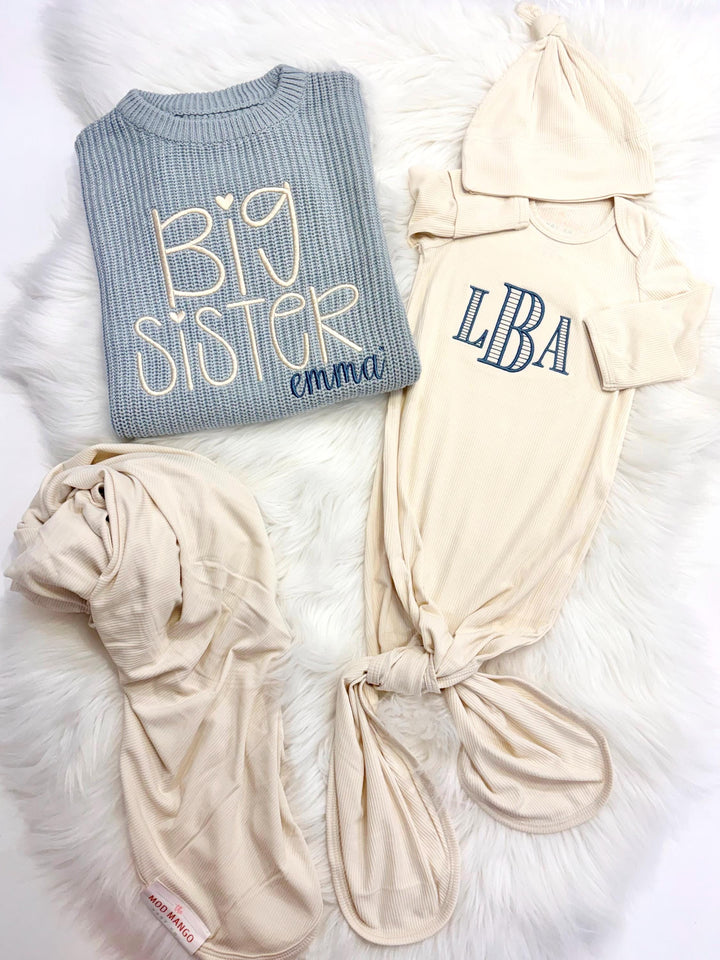 custom monogrammed personalized baby coming home outfit layette set, big sister big brother sweater little sister little brother gown outfit big sister little sister big brother little brother matching set, Baby Toddler Name Sweater, matching siblings hospital outfit, Red and white, tan, beige, blue, mint green, lavender, blush pink, brown, confetti chunky knit personalized sweater shirt outfit, newborn bamboo gown with hat headband and swaddle set, the mod mango baby co, outfit baby toddler