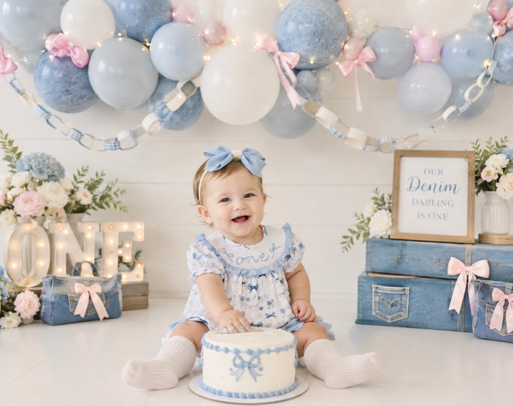 Blue Bow Smocked First Birthday Romper: Girls Coquette Outfit