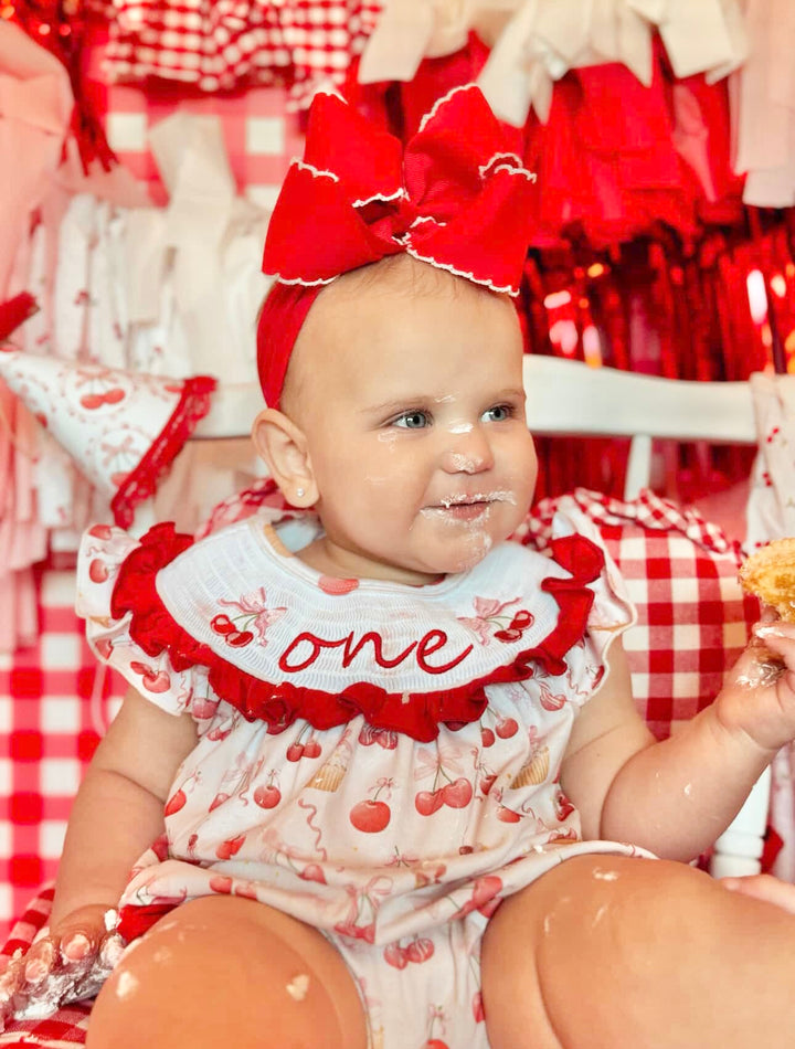 cherry on top red and pink cherries and bows first birthday girl romper pink red and white outfit, girls cherry sweet red white smocked bubble romper first birthday spring summer bows ruffle embroidered smocked cherry on top 1st birthday outfit romper baby girl