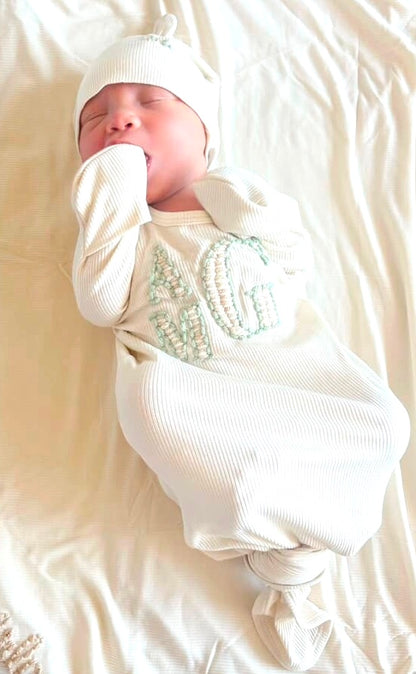 Newborn Boys Bamboo Knotted Gown, Hat and Swaddle Layette Set