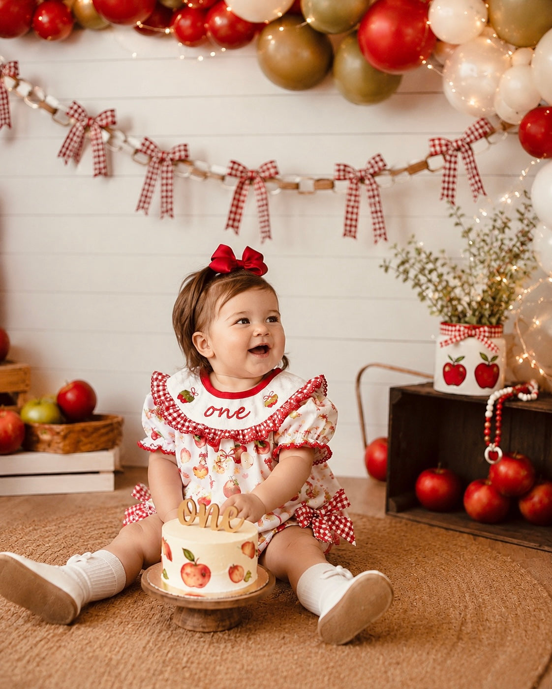 Apple of Our Eye First Birthday Smocked Bubble Romper: One in a Bushel 1st Baby Girl Outfit