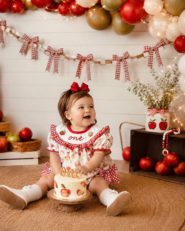 Apple of Our Eye First Birthday Smocked Bubble Romper: One in a Bushel 1st Baby Girl Outfit