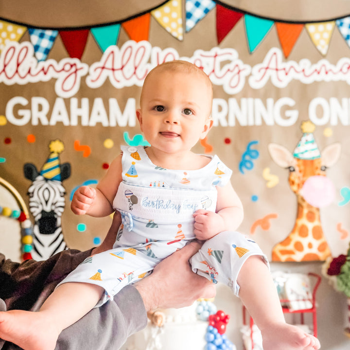 It's Fun to be ONE Boys First Birthday Smocked Romper Outfit