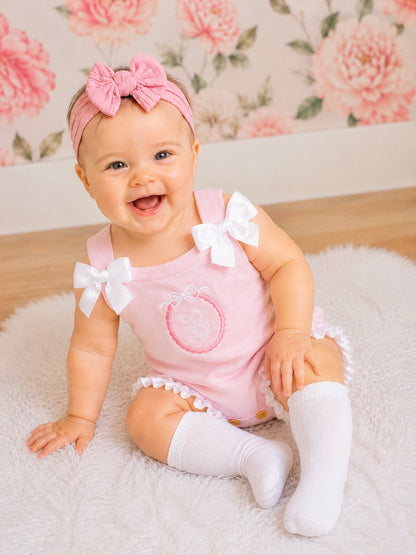 Baby Girls Pink Bow Monogrammed Romper Outfit: Pink & White Bow Ruffle Knitted Outfit Gift for Baby Girl