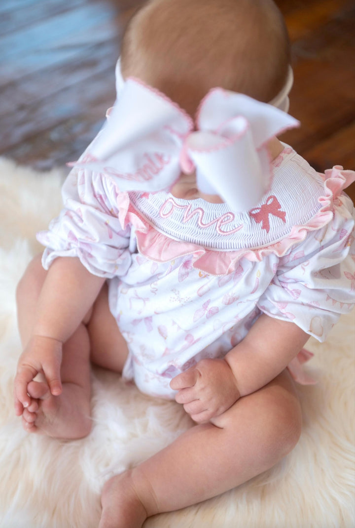 Pink Bow ONE First Birthday Girl Outfit Coquette Smocked Bubble Romper