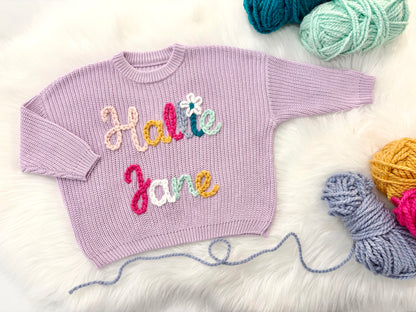 Baby Toddler Sisters Hand Embroidered Oversized Girls Custom Sweater with Name