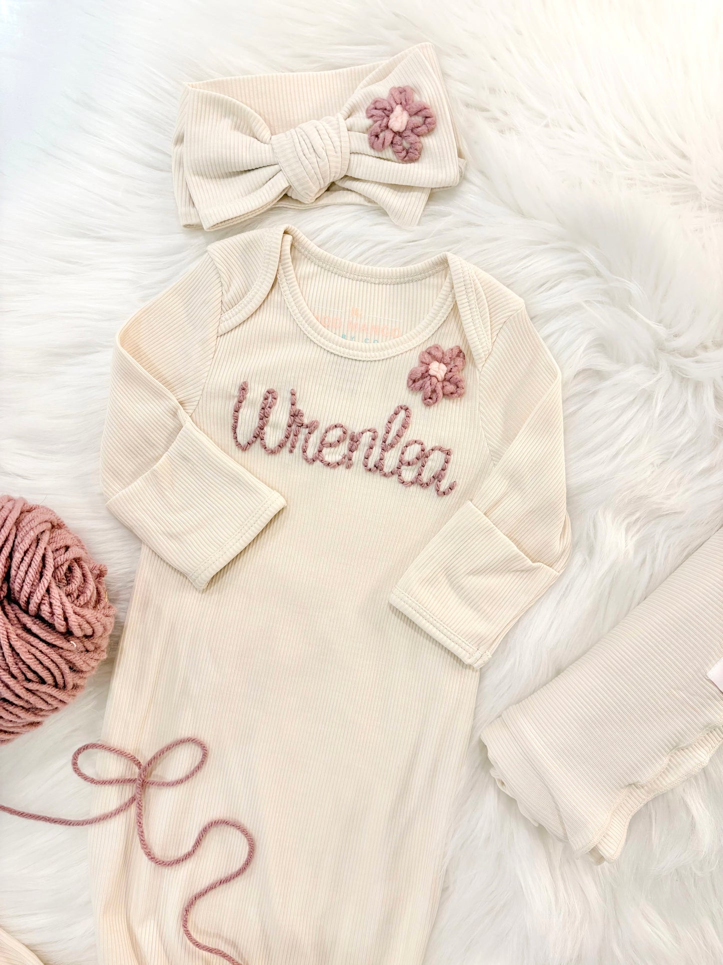 Newborn Girls Bamboo Knotted Gown, Headband and Swaddle Layette Set