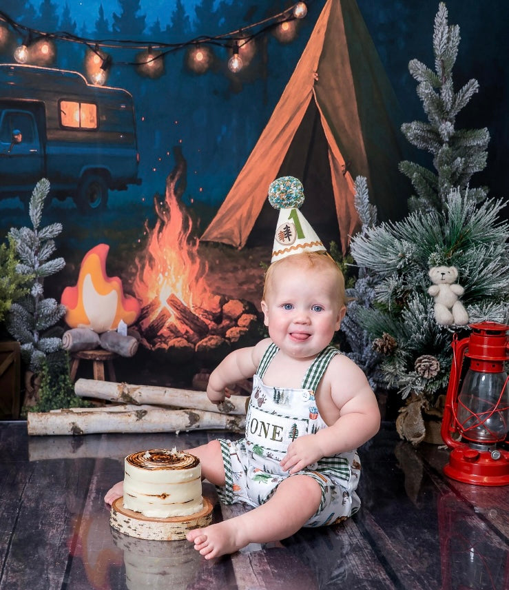 One Happy Camper First Birthday Boy Outfit ONE Smocked Romper Overalls