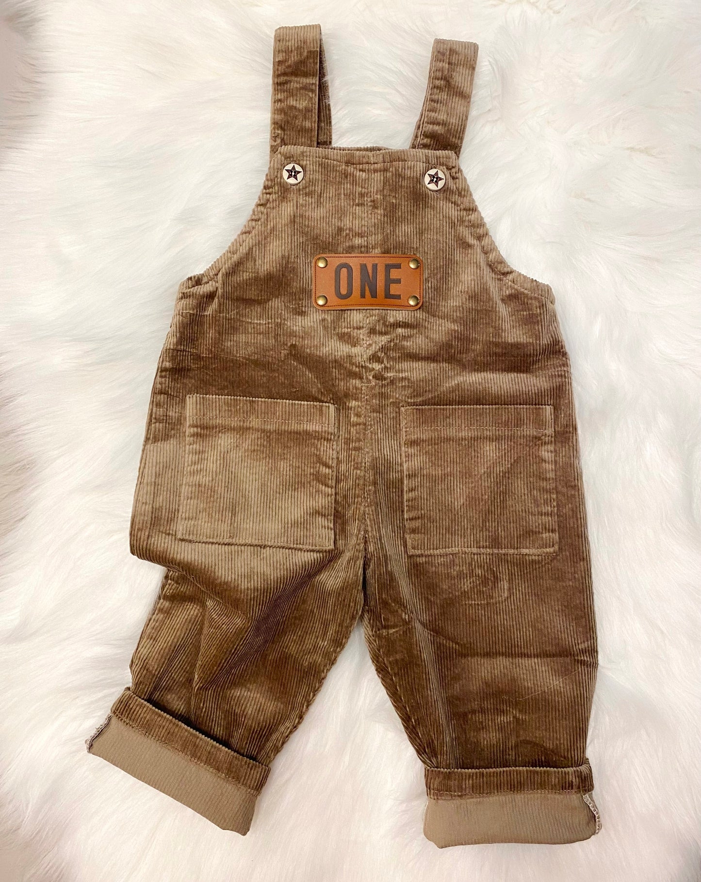 Boys Leather Patch ONE First Birthday Corduroy Overalls Outfit