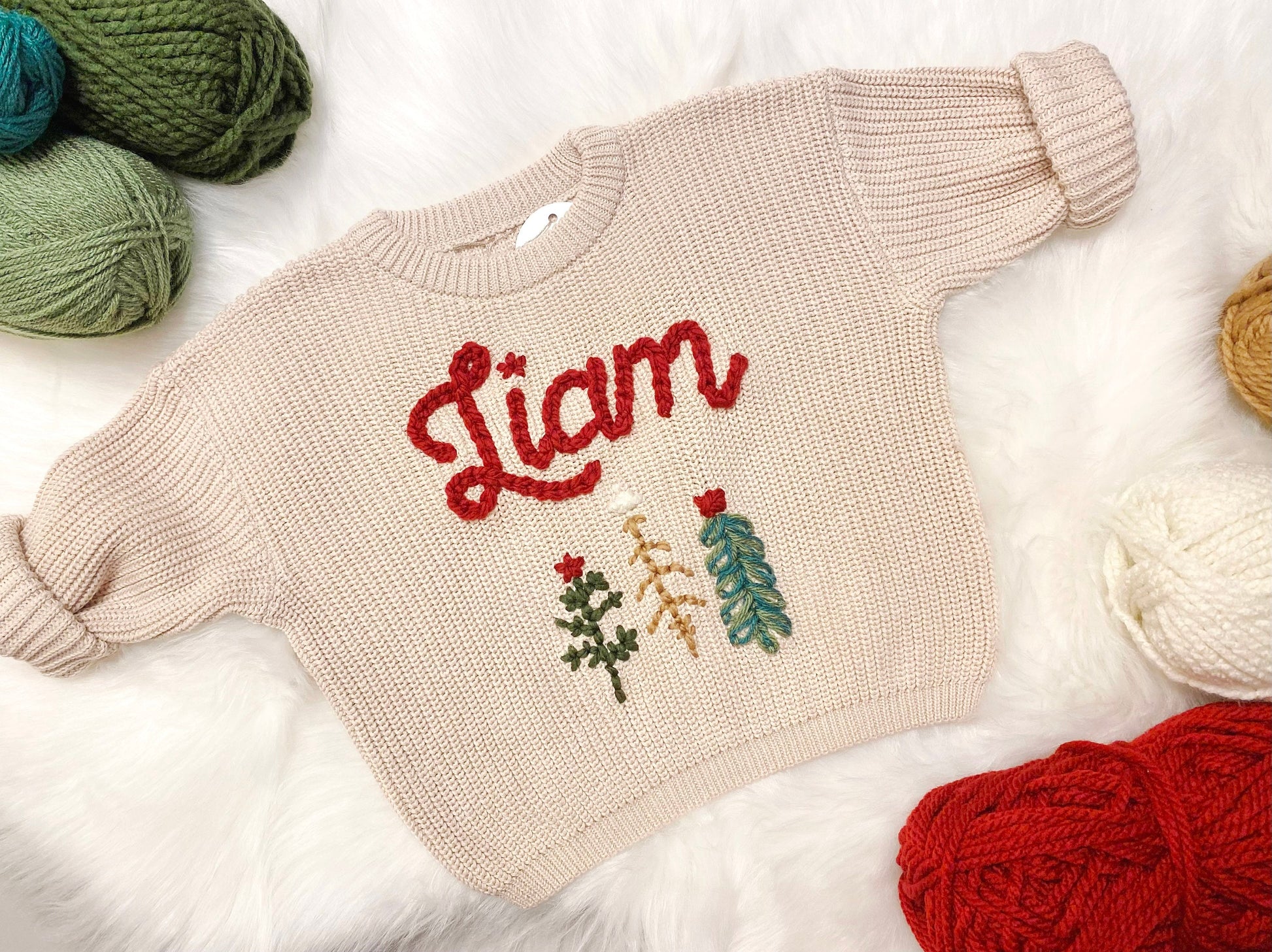 Baby Name Sweater, Baby Christmas Sweater Personalized, Christmas Tree Sweater with Name, Holiday Sweater, Boys Christmas Sweater, Red and Green with Christmas Trees Sweater, chunky knit personalized christmas tree sweater