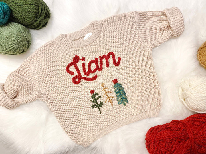 Baby Name Sweater, Baby Christmas Sweater Personalized, Christmas Tree Sweater with Name, Holiday Sweater, Boys Christmas Sweater, Red and Green with Christmas Trees Sweater, chunky knit personalized christmas tree sweater