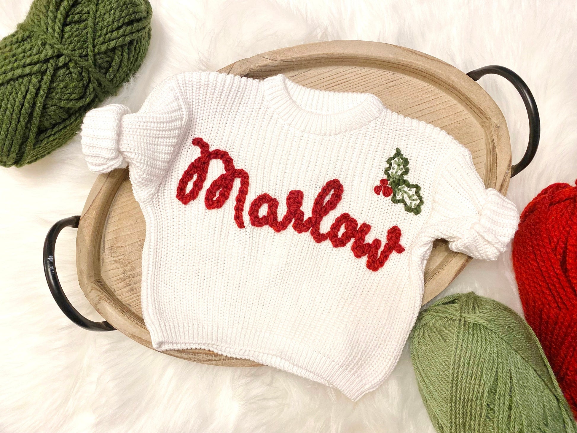 Baby Girls Christmas Sweater with Name and Christmas Holly, Baby Girls Custom Christmas Sweater with Name