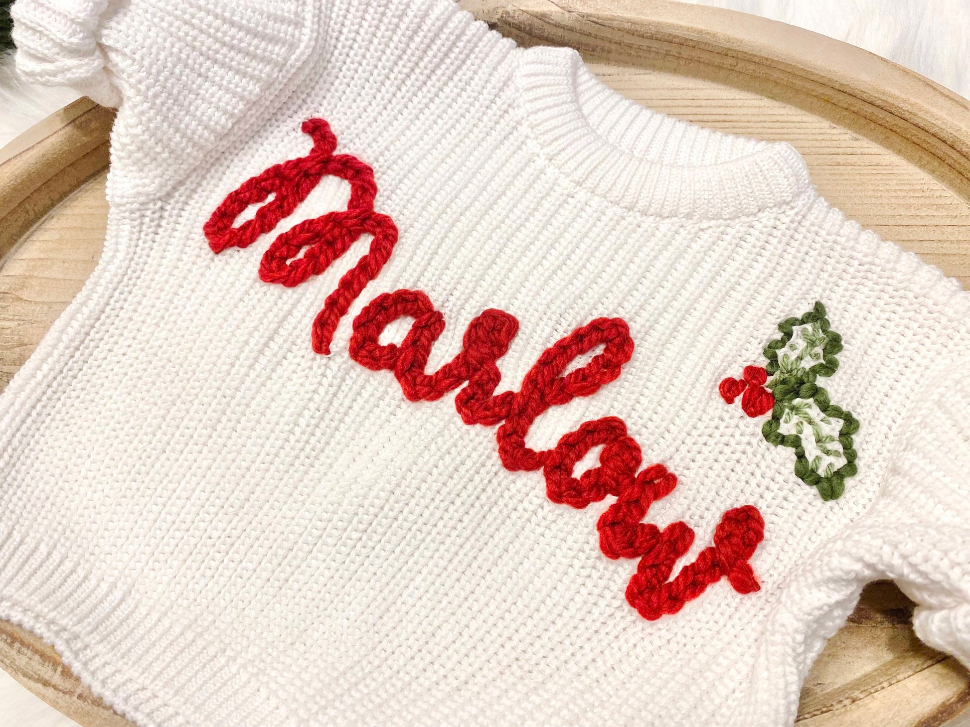 Newborn Baby Girls Christmas Sweater with Name and Christmas Holly, Baby Girls Custom Christmas Sweater with Name, chunky knit sweater christmas holly, personalized christmas sweater
