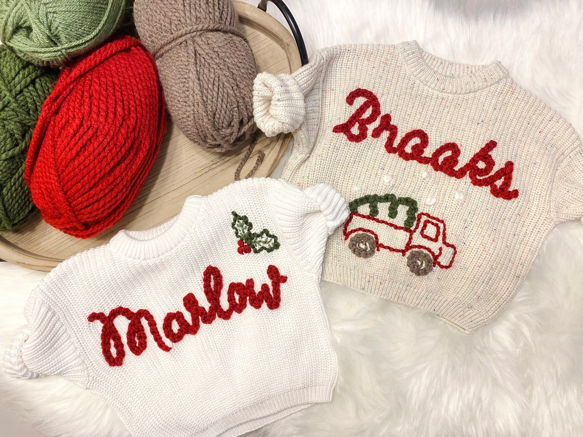Hand Embroidered Baby Name Holly Christmas Sweater for Babies and Toddlers
