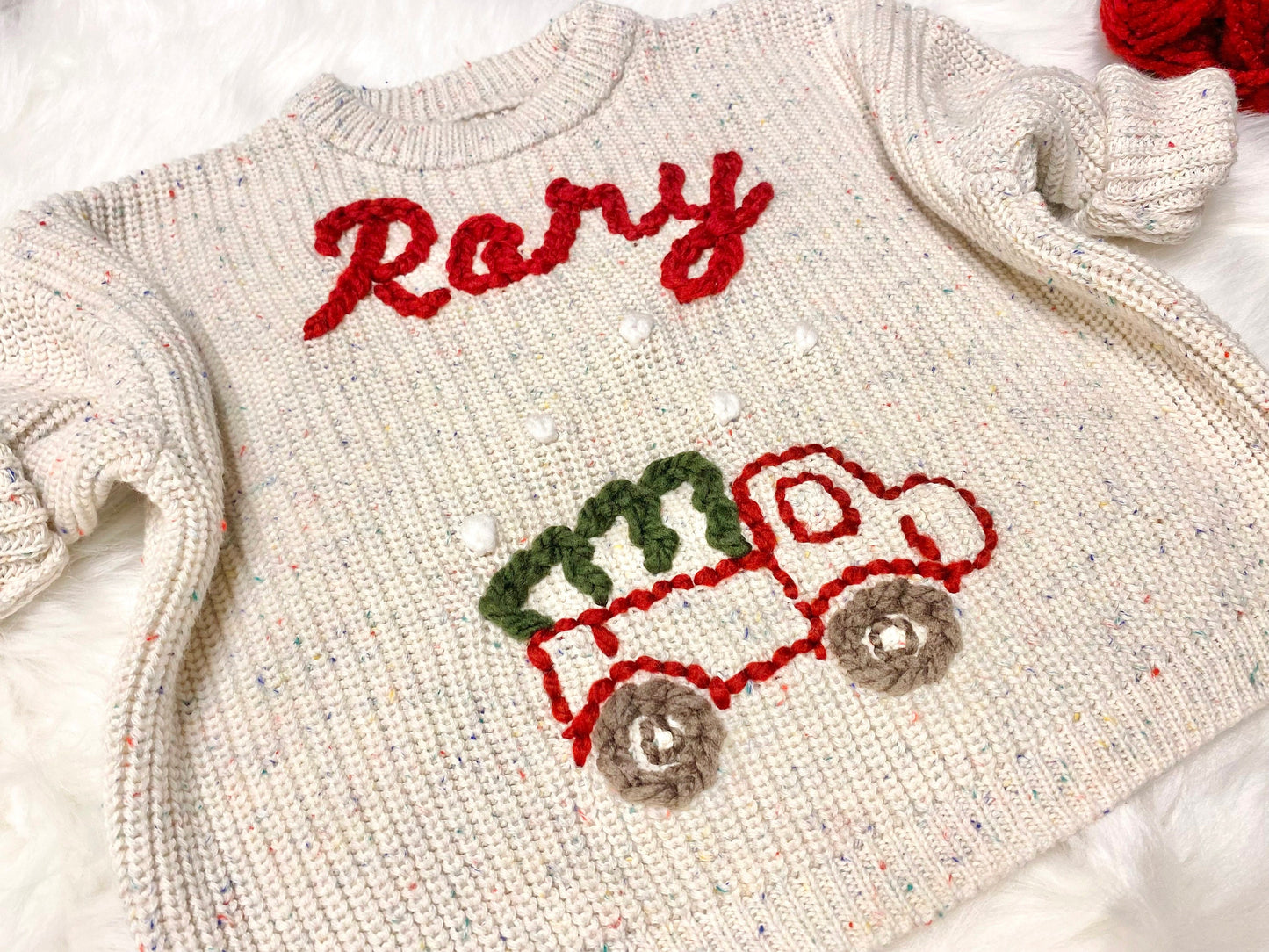 Baby Boy Christmas Sweater, Christmas Tree Truck Sweater, Baby Toddler Boys Christmas Sweater, Holiday Sweater Kids, chunky knit personalized custom name christmas sweater confetti speckled oatmeal