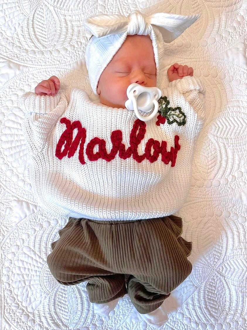 Newborn Baby Girls Christmas Sweater with Name and Christmas Holly, Baby Girls Custom Christmas Sweater with Name, chunky knit sweater christmas holly, personalized christmas sweater