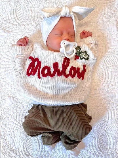 Newborn Baby Girls Christmas Sweater with Name and Christmas Holly, Baby Girls Custom Christmas Sweater with Name, chunky knit sweater christmas holly, personalized christmas sweater