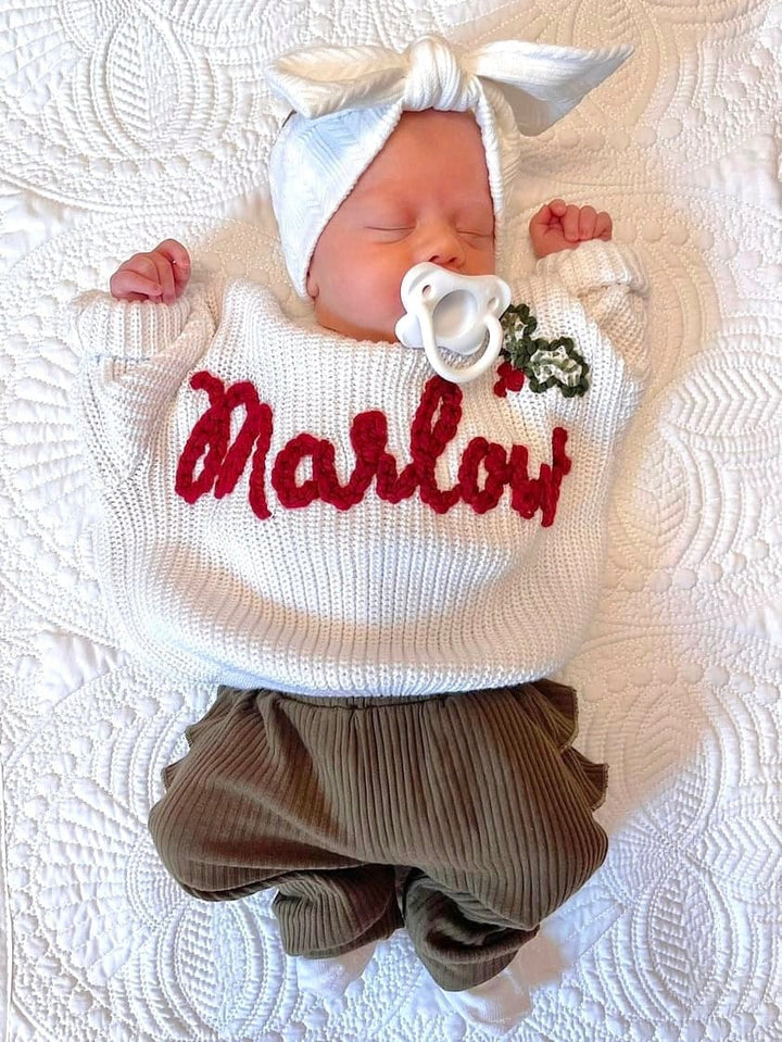 Newborn Baby Girls Christmas Sweater with Name and Christmas Holly, Baby Girls Custom Christmas Sweater with Name, chunky knit sweater christmas holly, personalized christmas sweater