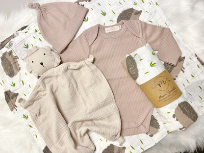 neutral baby boy gift, newborn boy gift set, gift baby boy, hedgehog swaddle blanket, tan taupe brown ivory ribbed knit long sleeve bodysuit with knot hat, muslin swaddle organic cotton gift set baby boy, lion lovey comforter blanket