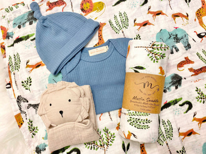 baby boy gift, newborn boy gift set, gift baby boy, jungle safari swaddle blanket, blue ribbed knit long sleeve bodysuit with knot hat, muslin swaddle organic cotton gift set baby boy, lion lovey comforter blanket, baby shower gift set box