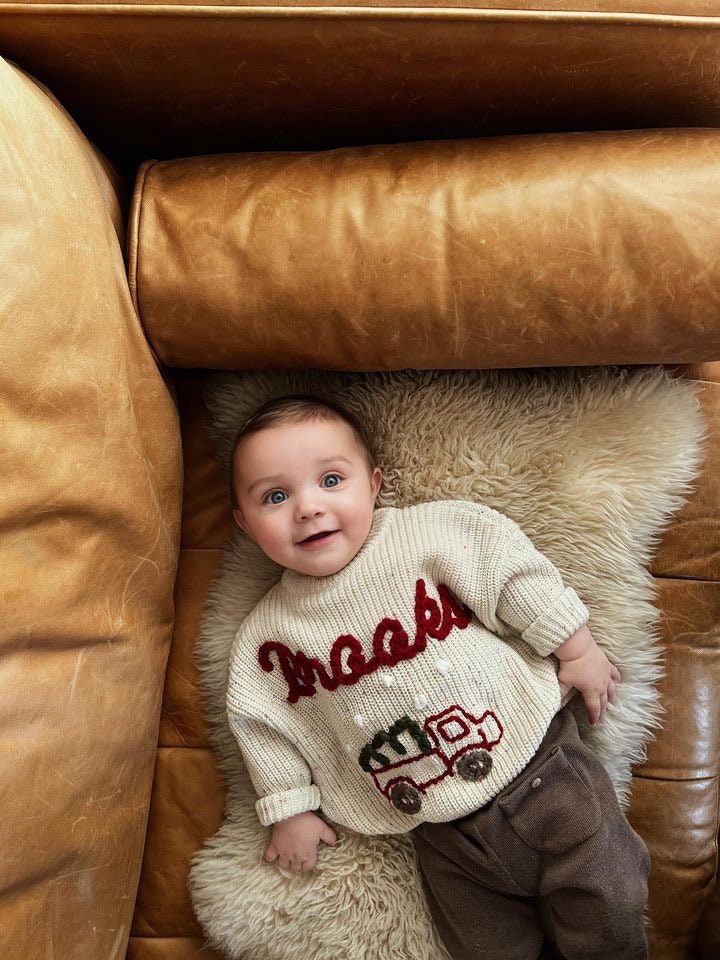 Baby Boy Christmas Sweater, Christmas Tree Truck Sweater, Baby Toddler Boys Christmas Sweater, Holiday Sweater Kids, chunky knit personalized custom name christmas sweater