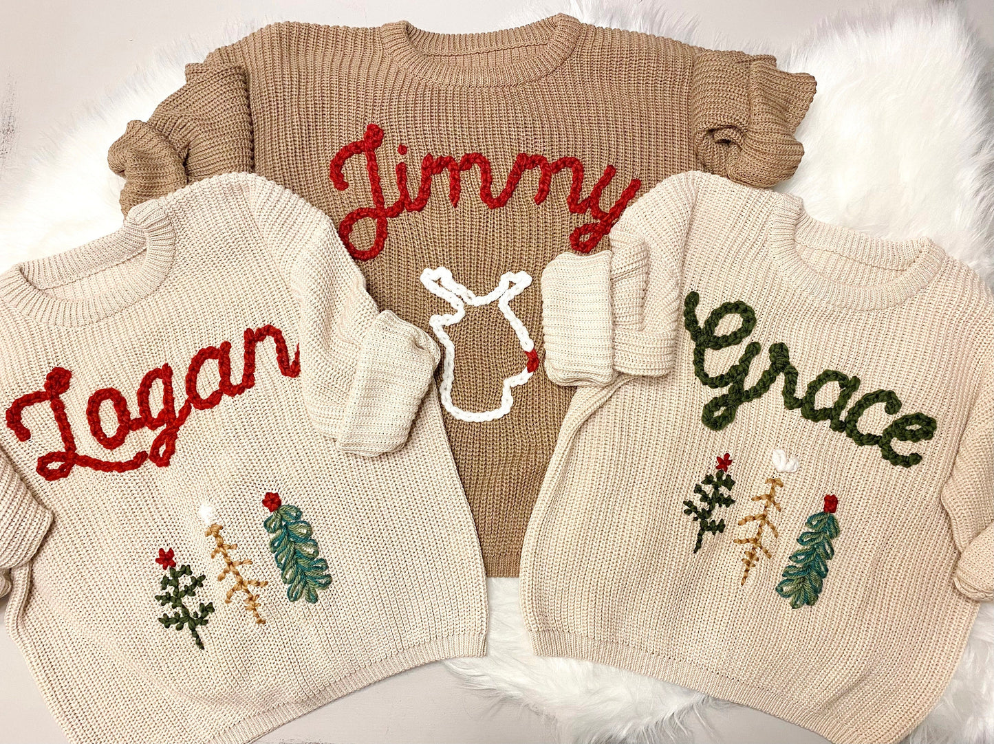 Baby Name Sweater, Baby Christmas Sweater Personalized, Christmas Tree Sweater with Name, Holiday Sweater, Boys Christmas Sweater, Red and Green with Christmas Trees Sweater, chunky knit personalized christmas tree sweater
