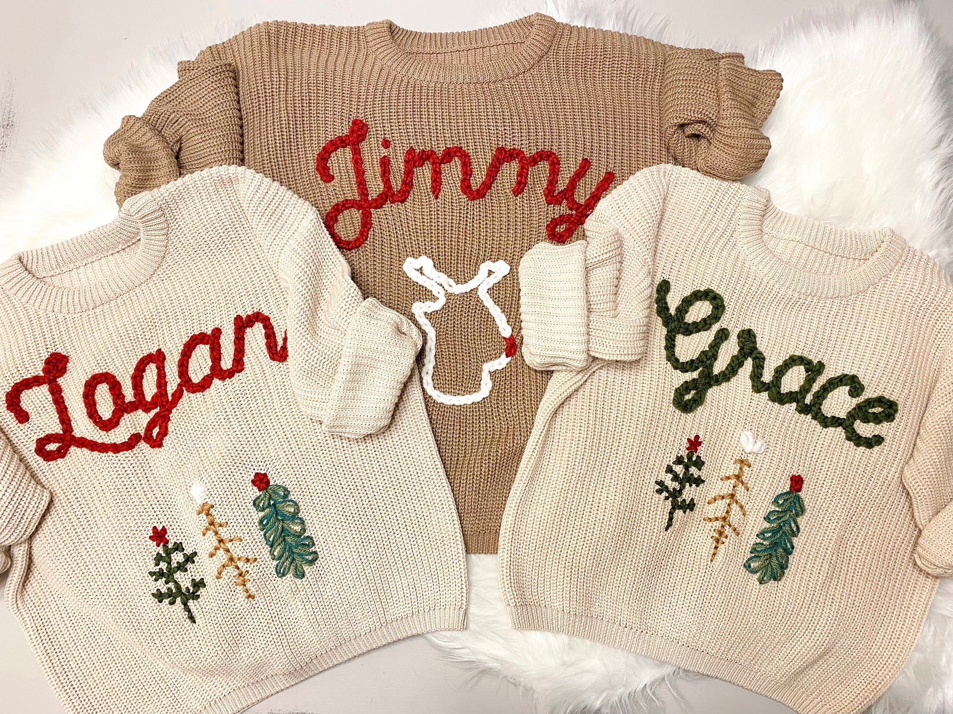 Baby Name Sweater, Baby Christmas Sweater Personalized, Christmas Tree Sweater with Name, Holiday Sweater, Boys Christmas Sweater, Red and Green with Christmas Trees Sweater, chunky knit personalized christmas tree sweater