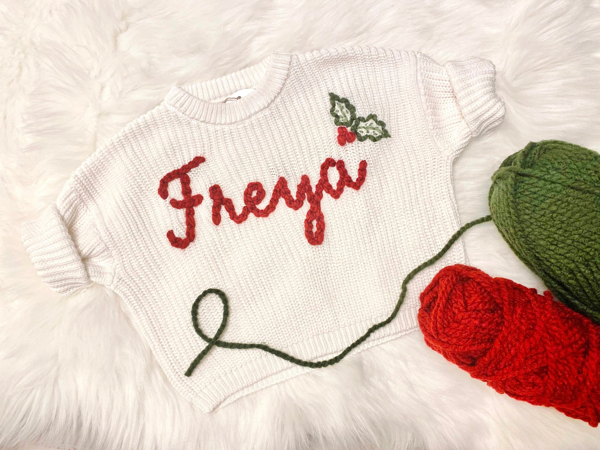Newborn Baby Girls Christmas Sweater with Name and Christmas Holly, Baby Girls Custom Christmas Sweater with Name, chunky knit sweater christmas holly, personalized christmas sweater