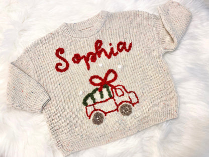 Baby Boy Christmas Sweater, Christmas Tree Truck Sweater, Baby Toddler Boys Christmas Sweater, Holiday Sweater Kids, chunky knit personalized custom name christmas sweater