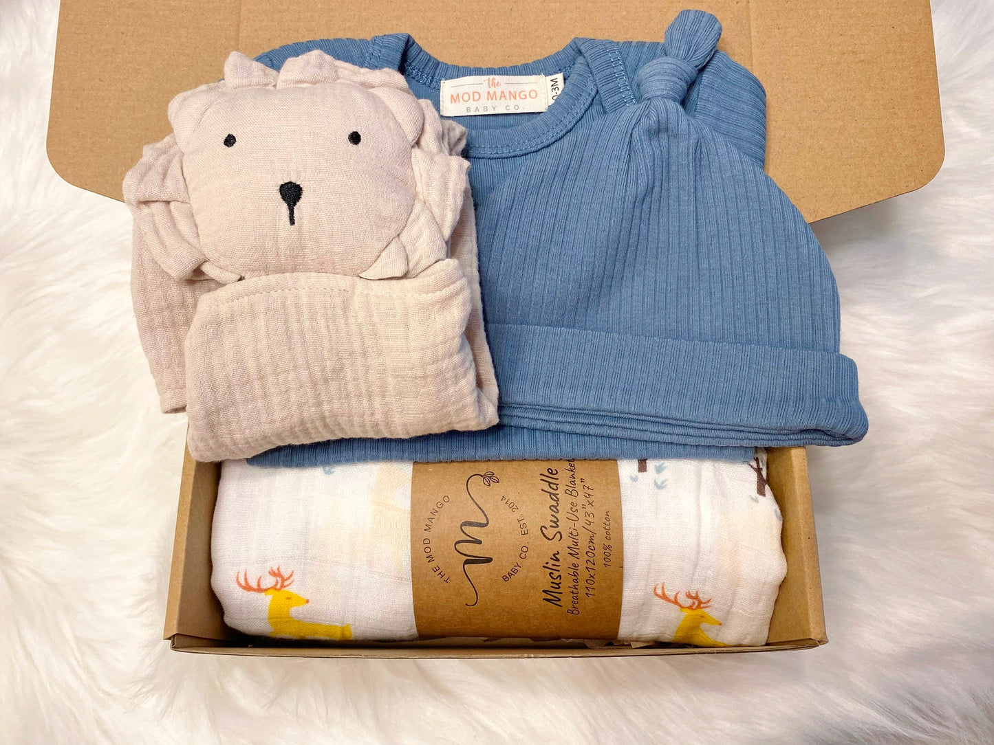 baby boy gift, newborn boy gift set, gift baby boy, deer swaddle blanket, ribbed knit long sleeve bodysuit with knot hat, muslin swaddle organic cotton gift set baby boy, lion lovey comforter blanket, blue deer hunting baby boy