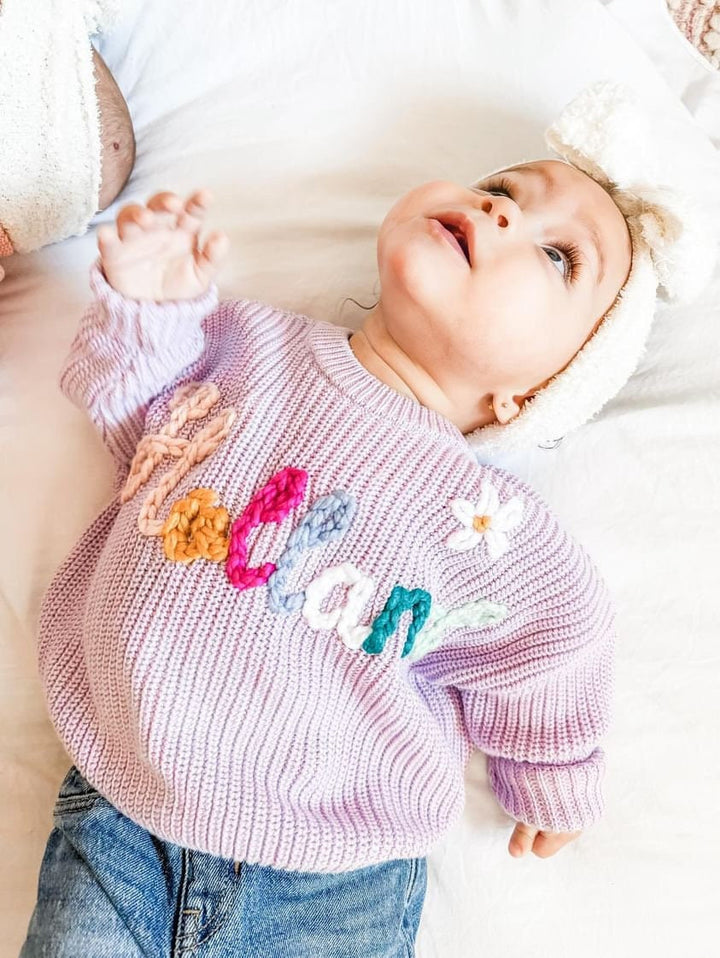 baby easter basket stuffer, Lavender Rainbow Baby Name Sweater Custom Embroidered Flower Name Sweater Baby Girls, purple baby sweater, lavender purple rainbow baby girl gift