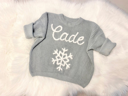 Winter first Birthday Outfit Sweater Shirt, Baby Toddler Blue Christmas Sweater with Name, Baby Boy Baby Girl Christmas Snowflake Sweater, Blue and White Snowflakes Baby Name Birthday Holiday Sweater