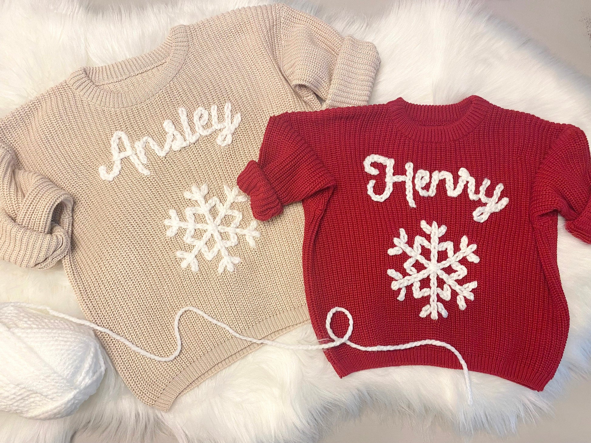 Baby Toddler Red Beige Neutral Christmas Sweater with Name, Baby Boy Baby Girl Christmas Snowflake Sweater, Snowflake Baby Name Holiday Sweater,