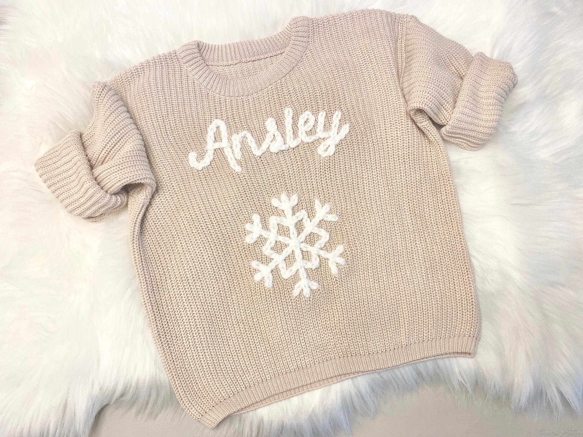 Baby Toddler Winter Snowflake Beige Neutral White Christmas Sweater with Name, Baby Boy Baby Girl Christmas Snowflake Sweater, Snowflake Baby Name Holiday Sweater,