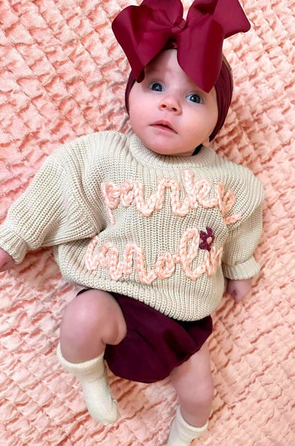 Baby Girls Chunky Knit Hand Embroidered Custom Baby Name Sweater, Oversized Fall Sweater for Baby girls, toddler girls sweater, baby boys sweater, toddler boys sweater, neutral beige cream ivory sweater with name for baby