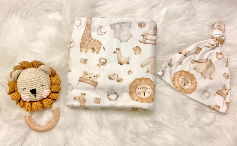 Newborn Boy Neutral Swaddle Gift Set lion, lion baby shower boy gift, neutral baby gift boy cream tan beige ivory brown
