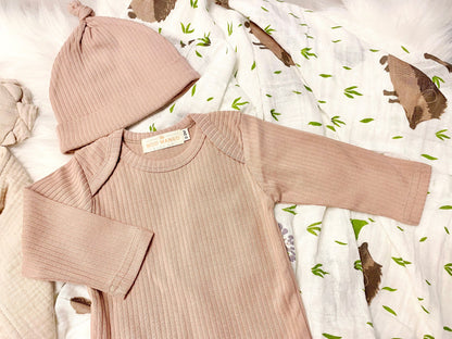 neutral baby boy gift, newborn boy gift set, gift baby boy, hedgehog swaddle blanket, tan taupe brown ivory ribbed knit long sleeve bodysuit with knot hat, muslin swaddle organic cotton gift set baby boy, lion lovey comforter blanket