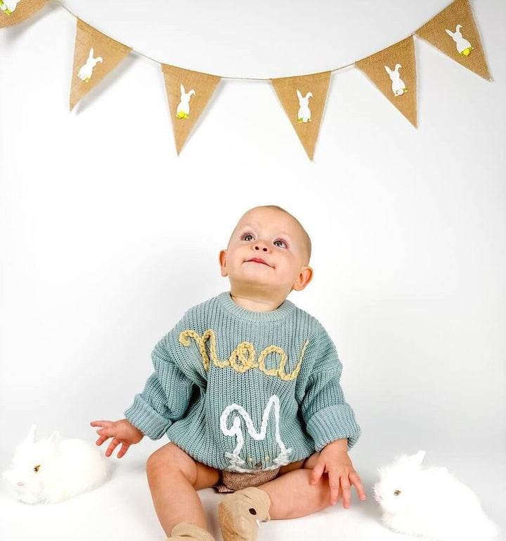 boys easter bunny rabbit shirt custom personalized Easter outfit baby toddler boy, easter bunny rabbit sweater shirt, hand embroidered, blue white beige tan, some bunny is one, my first easter, some bunny loves you